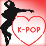 A graphic of a k-pop dancer in an active pose next to a red heart that says, K-POP