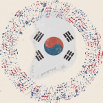 An image of the flag of Korea over the map of Korea with a circle of music symbols surrounding it.