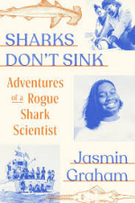 author photo, boat, line drawings of sharks