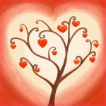 An illustration of a tree with hearts hanging from it like fruit.