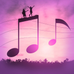 A created image with people dancing on notes at sunrise.