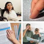 An image with a girl in a wheelchair reading, a hand reading brail, a magnifier used for text of a b