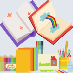 An illustration with books and art supplies.