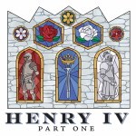An image with stained glass windows of knights, roses, and  a sword and crown the with text, "Henry 