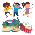 A graphic with children dancing with notes around them, a guitar and drum with notes around them, an