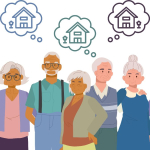 An illustration with a group of older adults with thought bubbles with houses in them.