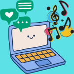 An illustration of a smiling laptop with musical notes and speech bubbles around it.