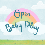 Sky blue background with a rainbow in the center of the image, with the words "Open Baby Play" over 