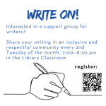 Group information and picture of a hand with a pen moving across the page