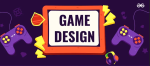An 80s vaporwave-inspired flyer for game design, flanked by two video game controllers