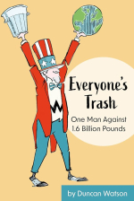 Book cover with Uncle Sam holding a globe and a garbage can 