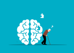Image of older man walking, a brain with a puzzle piece 