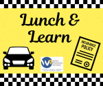 Black, yellow, white image promoting lunch and learn webinar on buying car insurance