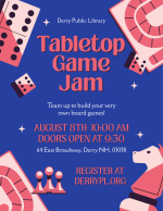 Several game pieces surround the information about the DPL Game Jam, happening on August 8th at the 