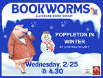 Large Poppleton Pig standing in snow with a snowman on a blue background. Program info.