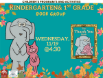 Elephant and Piggie on a blue background and information regarding book club date and location.