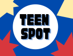 Circle with Teen Spot written; Colors are red, yellow, white and black.