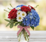 red, white and blue flowers