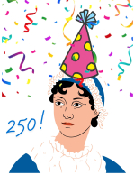 Jane Austen wearing birthday hat
