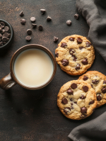 mug of milk with chocolate chip cookies