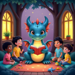 a blue dragon reads to four children