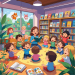 an adult reads a book to many smiling children