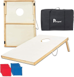 Cornhole storage case, foldable cornhole boards, and eight sandbags.