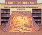 Blanket fort in a library with the title, description, and date