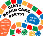 Board game board with the text from title and description. Four dice at the bottom right.