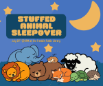 Cartoon animals sleeping together under the moon with the title and date of the event above them