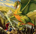 knight standing in front of green dragon.