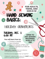 Poster for Hand Sewing Basics: Holiday Ornaments program.