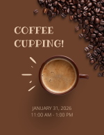 top-down view of coffee in a mug with coffee beans and a brown background 