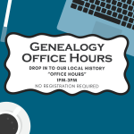 Blue and white office supplies in background text reads genealogy office hours.