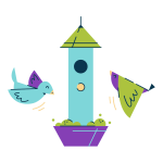 birds flying around bird feeder