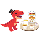 dinosaur with top hat and tea set