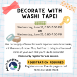 Event flyer details with washi tape icons.