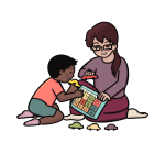 woman playing with toys with child
