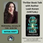 Flyer of Leah Konen thriller book author talk.
