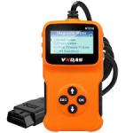 Rectangular orange device with digital screen and wires.