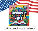 red, white, and blue banner with a graphic of a community art mosaic