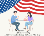 red, white, and blue banner with a graphic of two people sitting at a table enjoying coffee and conv