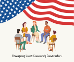 red, white, and blue banner with a graphic of a people engaging in conversation