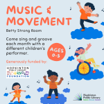 4 clouds with 4 children dancing on them. Music notes are around them. Text is justified to the righ