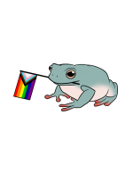 cartoon frog holding a pride flag in its mouth