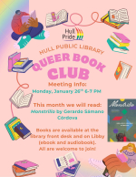 flyer for queer book club meeting information and book title