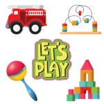 pictures of toys with the words Let's Play in the middle
