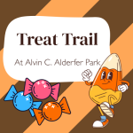 Title of program with candy below and a walking anthropomorphic candy corn on the right