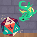 A small dragon looking at a 20 sided die