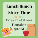 Name and time of program with a brown bag lunch in the bottom right and a smiling book in the bottom